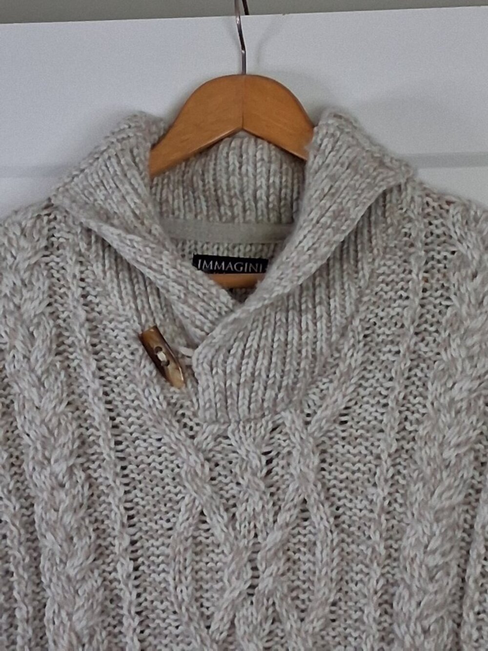 Vintage Immagini Italy Chunky Cable Knit Shawl Neck Toggle Sweater Men's L Cream - Picture 3 of 6